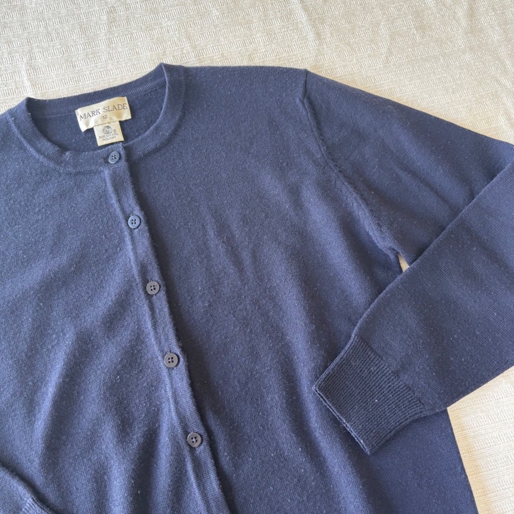 Mark Slade Navy Blue Pure New Wool Button Front Cardigan Sweater Size 12